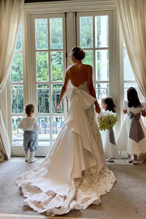 A-line Floral Lace Strapless Boho Wedding Dresses With Satin Bowtie, SW639 image 3