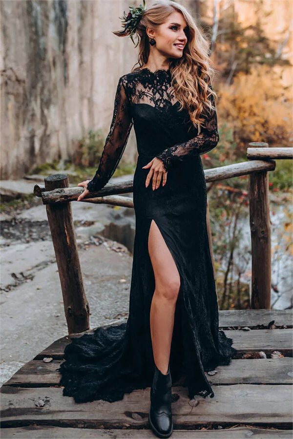 Black Sheath Backless Sweetheart Long Sleeves Lace Wedding Dresses, SW677 image 1
