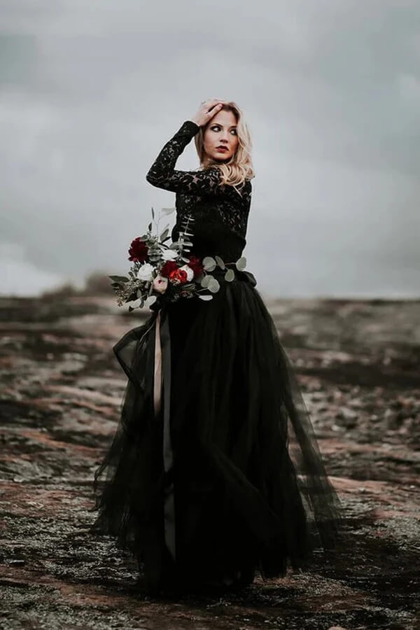 Black Tulle A-line Lace Appliques Long Sleeves Boho Wedding Dresses, SW699 image 2