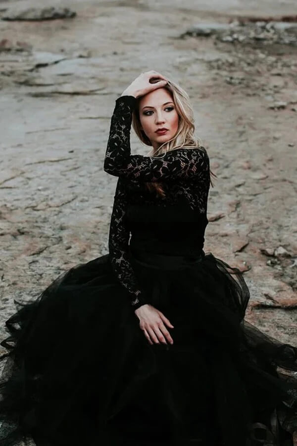 Black Tulle A-line Lace Appliques Long Sleeves Boho Wedding Dresses, SW699 image 3
