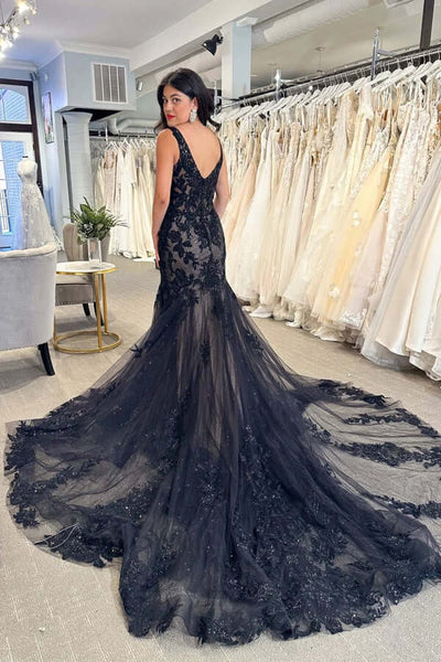 Black Tulle Mermaid V-neck Lace Wedding Dresses, SW661 | Simidress