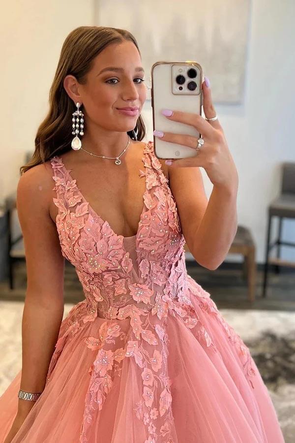 Blush Tulle A-line V-neck Princess Long Prom Dress With Lace Appliques, SP983 image 3