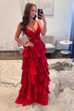 Charming Red Satin A Line V Neck Tiered Prom Dresses With Slit, SLP069