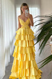 Charming Red Satin A Line V Neck Tiered Prom Dresses With Slit, SLP069 | yellow prom dress | party dress | evening gown | simidress.com