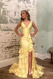 Charming Sage Satin Tiered Mermaid V Neck Prom Dresses With Slit, SLP077 image 4