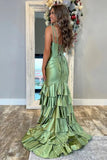 Charming Sage Satin Tiered Mermaid V Neck Prom Dresses With Slit, SLP077 image 3
