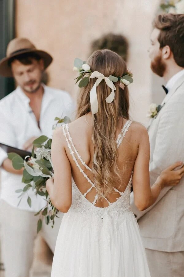 Chiffon A Line Spaghetti Straps Wedding Dresses With Lace Appliques, SW726 | backless wedding dress | summer wedding dress | affordable wedding dresses online | simidress.com