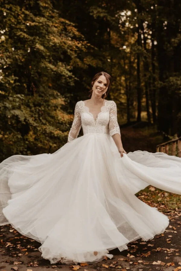 Elegant Tulle A-line Lace Backless Long Sleeves Wedding Dresses, SW689 image 1