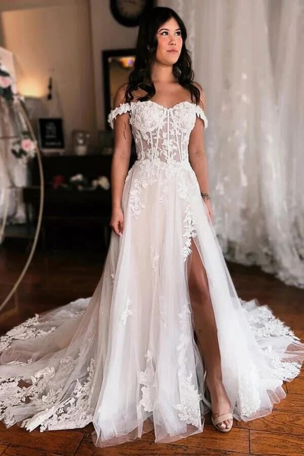 Elegant Tulle A-line Off-the-Shoulder Wedding Dresses With Lace Appliques, SW680 image 1