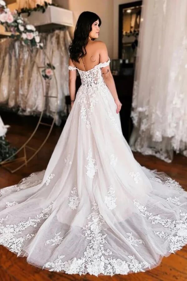 Elegant Tulle A-line Off-the-Shoulder Wedding Dresses With Lace Appliques, SW680 image 3