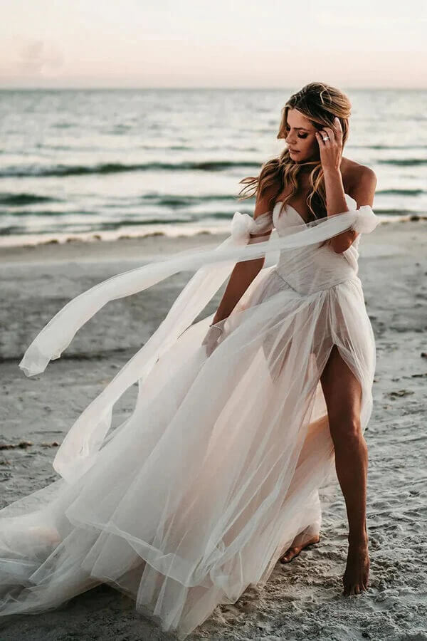 Flowy Tulle A-line Sweetheart Bohemian Wedding Dresses With Bow Tie, SW683 image 1