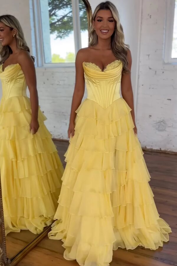 Gorgeous Blue Chiffon A-line Sweetheart Tiered Long Prom Dresses, SLP038 | yellow prom dress | lace prom dress | prom dresses for teens | simidress.com