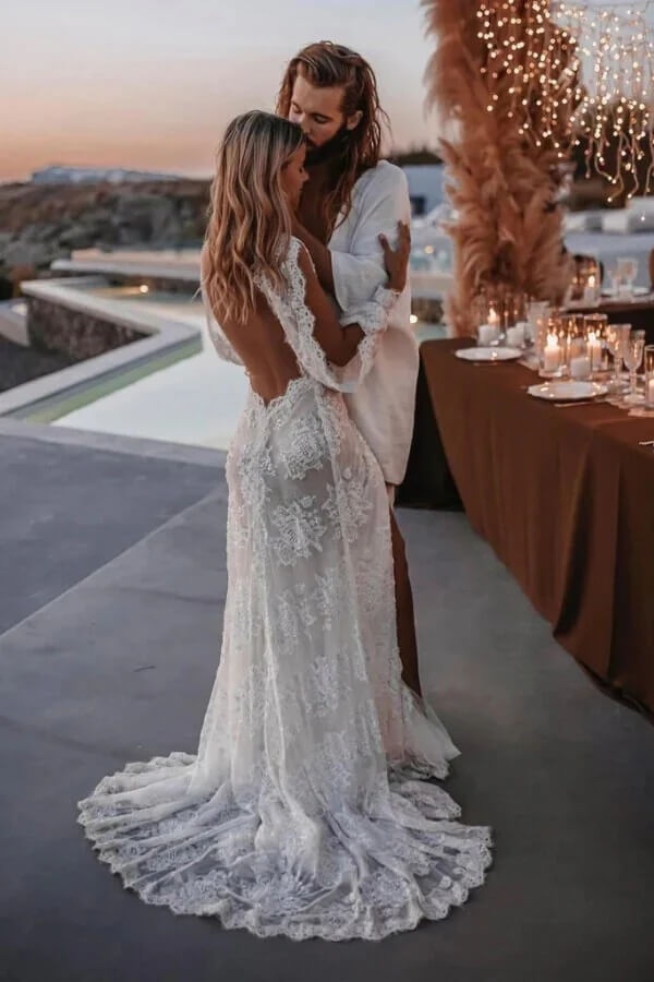 Gorgeous Sheath Long Sleeve V-neck Lace Appliques Wedding Dresses, SW714 | wedding dresses online | modest wedding dress | backless wedding dress | simidress.com