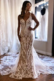 Gorgeous Tulle Mermaid Deep V Neck Wedding Dress With Lace Appliques, SW728