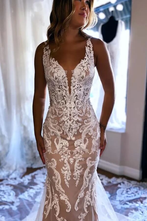 Gorgeous Tulle Mermaid Deep V Neck Wedding Dress With Lace Appliques, SW728 | wedding dress stores | vintage wedding dress | sexy wedding dress | simidress.com