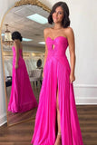 Hot Pink A-line Strapless Keyhole Pleated Prom Dresses, Party Dress, SP997