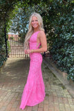 Hot Pink Tulle Mermaid Deep V-neck Lace Appliques Prom Dresses, SLP004 image 2 | simidress.com