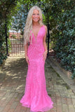 Hot Pink Tulle Mermaid Deep V-neck Lace Appliques Prom Dresses, SLP004