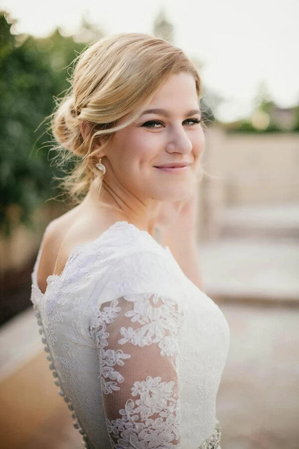 Ivory Chiffon Lace A-line Beaded Half Sleeves Wedding Dresses, Bridal Gown, SW621 | outdoor wedding dresses | cheap lace wedding dresses | bridal outfit | simidress.com