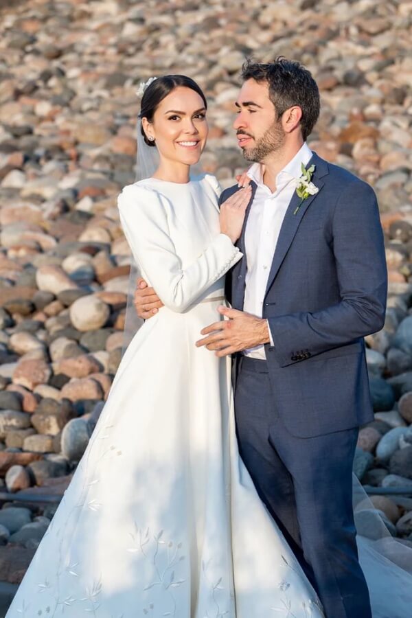 Ivory Satin Modest Embroidery A-line Long Sleeves Wedding Dresses, SW679 | wedding dresses online | cheap lace wedding dress | bohemian wedding dress | simidress.com