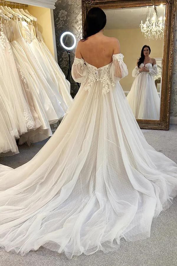 Ivory Tulle A-line Sweetheart Neck Wedding Dresses With Lace Appliques, SW655 image 2