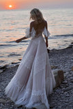 Ivory Tulle V-neck Spaghetti Straps Off Shoulder Lace Wedding Dresses, SW687 | simple wedding dresses | a line wedding dress | tulle wedding dress | simidress.com
