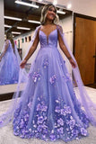 Lavender Satin A-line V-neck Prom Dresses With 3D Flowers, Party Dress, SP980