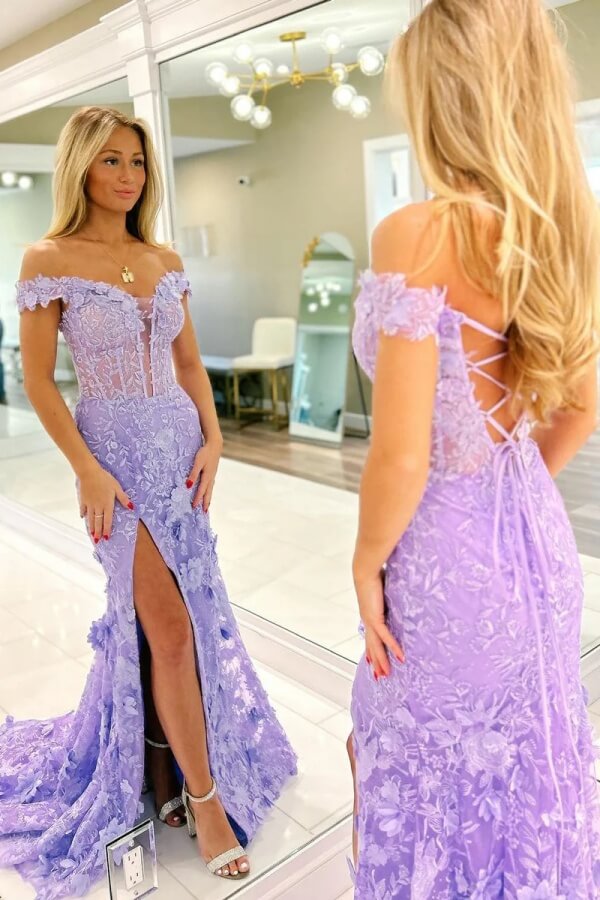 Lavender Tulle Mermaid Off-the-Shoulder Lace Appliques Prom Dresses, SLP026 | cheap long prom dress | purple prom dresses | lace prom dress | simidress.com