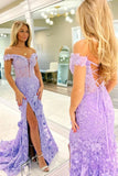Lavender Tulle Mermaid Off-the-Shoulder Lace Appliques Prom Dresses, SLP026 | cheap long prom dress | purple prom dresses | lace prom dress | simidress.com