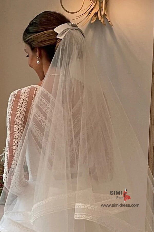 Layered Tulle Ball Gown V-neck Long Sleeves Wedding Dress With Train, SW665 | wedding dress stores | bridal dress | bohemian wedding dress | simidress.com