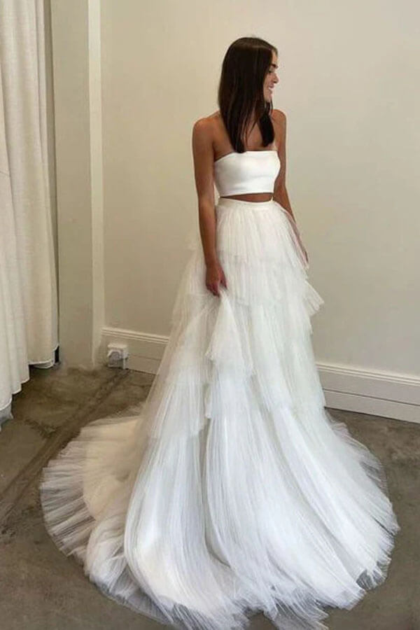 Layered Tulle Two Piece Country Wedding Dresses With Sweep Train, SW681 image 2