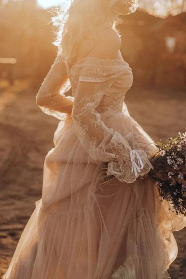 Light Brown Tulle A-line V-neck Long Sleeve Boho Wedding Dresses, SW692 image 2