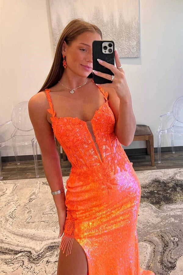 Orange Sequins Spaghetti Straps Long Prom Dress With Lace Appliques, SLP079 | backless prom dress | lace prom dress | prom dress for girls | simidress.com