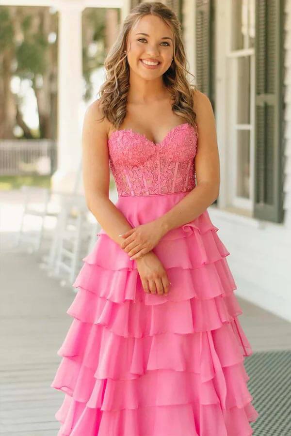 Pink Chiffon Lace Bodice Strapless Prom Dresses With Ruffle Skirt, SLP062 | simple prom dress | prom dresses near me | evening gown | simidress.com