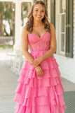 Pink Chiffon Lace Bodice Strapless Prom Dresses With Ruffle Skirt, SLP062 | simple prom dress | prom dresses near me | evening gown | simidress.com