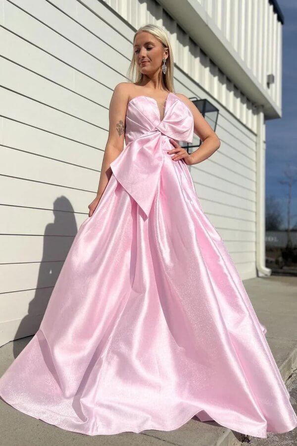 Pink Satin A Line Strapless Prom Dresses With Train, Long Formal Dress, SLP084 | pink prom dress | senior prom dress | simple prom dress | simidress.com