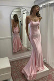 Pink Satin Mermaid Scoop Neck Spaghetti Strap Long Prom Dresses, SLP081