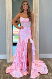 Pink Satin Mermaid Strapless Lace Appliques Prom Dresses With Ruffles, SLP076