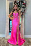 Pink Satin Mermaid Sweetheart Keyhole Long Prom Dresses With Slit, SLP082
