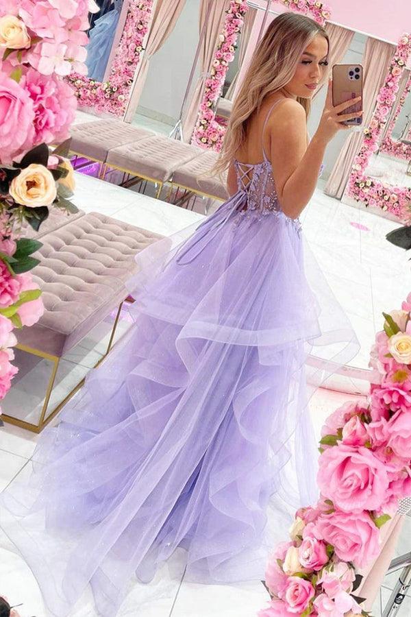 Purple Tulle A Line V Neck Beaded Floral Lace Long Prom Dresses, SLP085 | lace prom dress | senior prom dress | party dress | simidress.com