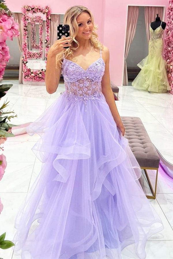 Purple Tulle A Line V Neck Beaded Floral Lace Long Prom Dresses, SLP085 | liac prom dress | cheap prom dress | evening gown | simidress.com