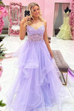 Purple Tulle A Line V Neck Beaded Floral Lace Long Prom Dresses, SLP085 | liac prom dress | cheap prom dress | evening gown | simidress.com