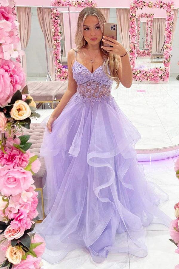 Purple Tulle A Line V Neck Beaded Floral Lace Long Prom Dresses, SLP085 | sparkly prom dress | long formal dress | prom dress shops | simidress.com