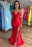 Red Mermaid V-neck Open Back Prom Dresses With Slit, Evening Dress, SP977 image 1