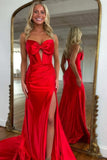Red Satin Mermaid Strapless Prom Dresses With Slit, Long Formal Dress, SLP080