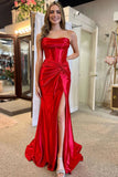 Red Satin Mermaid Strapless Ruched Prom Dress With Slit, Party Dress, SLP002