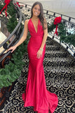 Red Satin Mermaid V Neck Backless Long Prom Dresses, Evening Dresses, SLP010 | red prom dress | simple long prom dress | evening dress | simidress.com