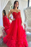 Red Tulle A-line Sweetheart Neck Corset Prom Dresses With Ruffles, SP999