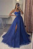 Royal Blue Tulle A-line Sweetheart Lace Appliques Long Prom Dresses, SLP001