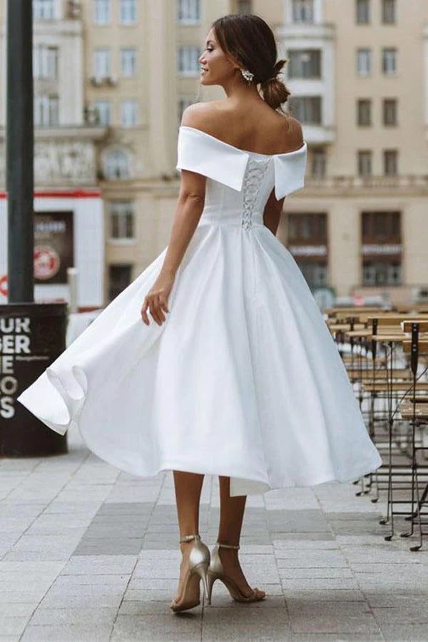 Satin A-line Off-the-Shoulder Tea-length Vintage Wedding Dresses, SW641 image 2